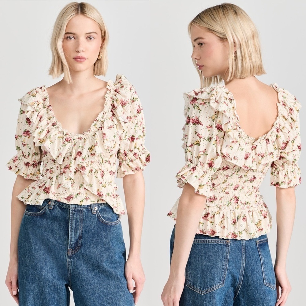 Free People Womens Striped Floral Eyelet Jersey Ruffle Favorite Girl Top Size XS